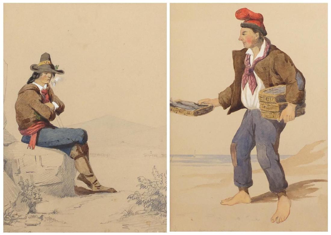Bartolomeo Pinelli - Italian costume illustrations, two: Bartolomeo Pinelli - Italian costume illustrations, two mid 19th century pencil and watercolours, both mounted unframed, the largest 20cm x 14cm
