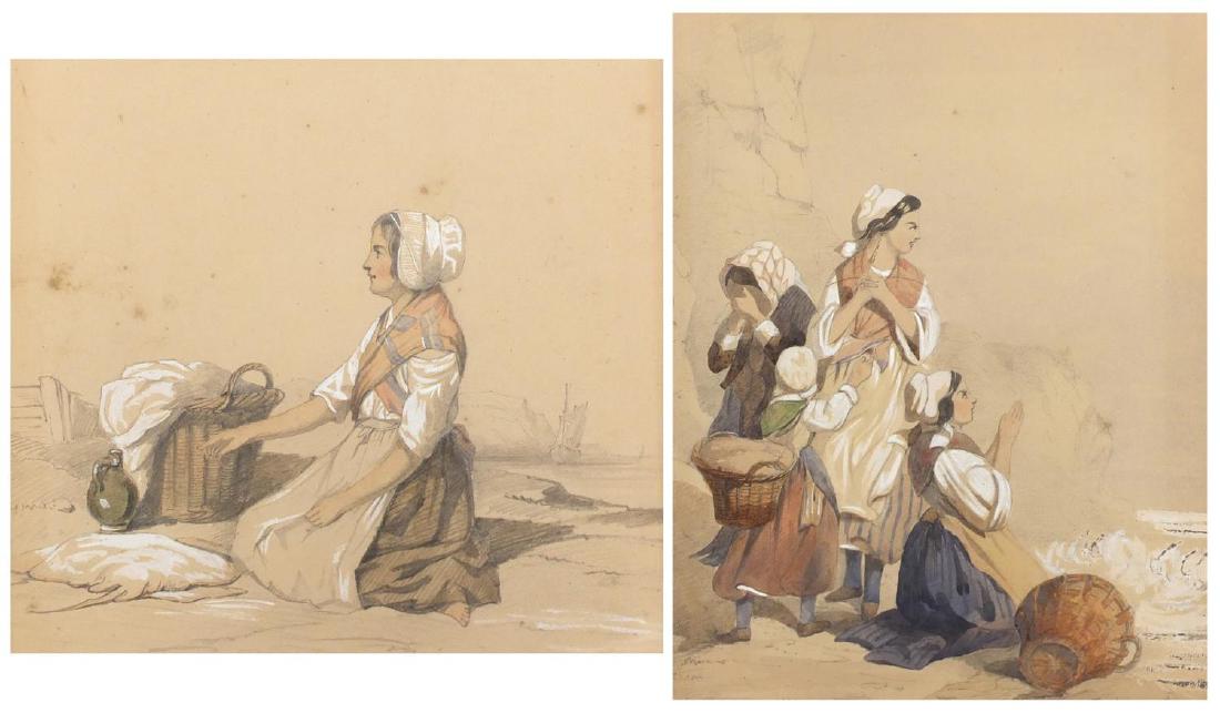 Attributed to Bartolomeo Pinelli - Italian costume: Attributed to Bartolomeo Pinelli - Italian costume illustrations, two mid 19th century heightened pencil and watercolours, mounted unframed, the largest 21.5cm x 20cm