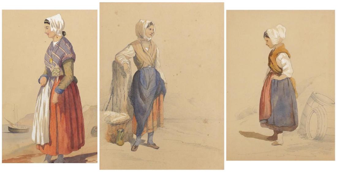 Attributed to Bartolomeo Pinelli - Italian costume: Attributed to Bartolomeo Pinelli - Italian costume illustrations, three 19th century heightened pencil and watercolours, mounted unframed, the largest 25cm x 17.5cm