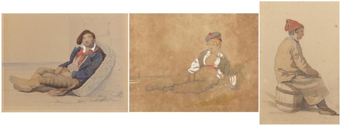 Attributed to Bartolomeo Pinelli - Italian costume: Attributed to Bartolomeo Pinelli - Italian costume illustrations, three mid 19th century pencil and watercolours, mounted unframed, the largest 19cm x 15cm
