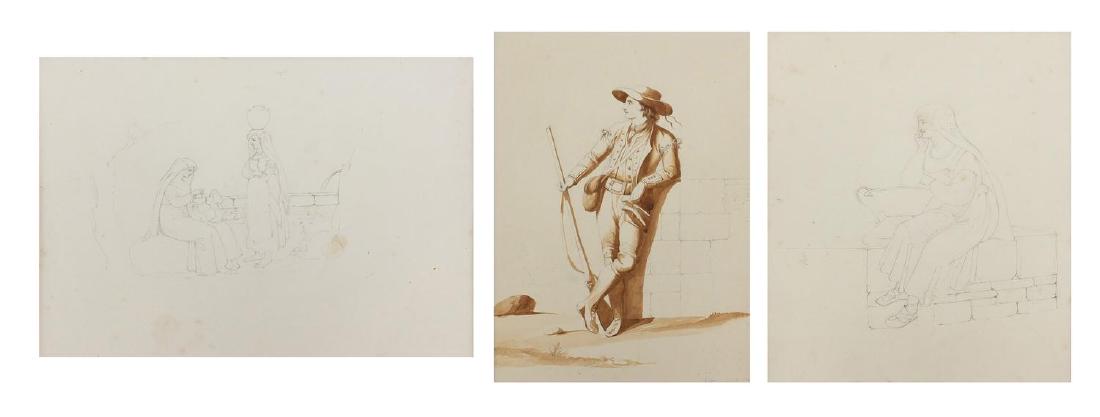 Bartolomeo Pinelli - Italian costume illustration,: Bartolomeo Pinelli - Italian costume illustration, sepia wash, together with two sketches, mounted unframed, the largest 22.5cm x 20cm