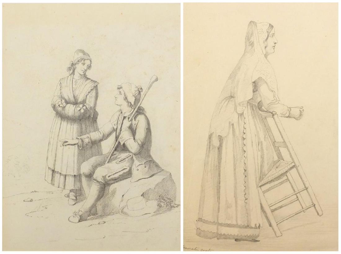 Attributed to Bartolomeo Pinelli - Italian costume: Attributed to Bartolomeo Pinelli - Italian costume illustrations, two pencil drawings, mounted unframed, the largest 24cm x 15.5cm