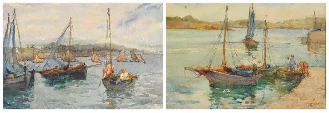Manner of Henry Scott Tuke - Coastal scenes with boats,: Manner of Henry Scott Tuke - Coastal scenes with boats, pair of St Ives school watercolours, mounted and framed, each 26.5cm x 17.5cm