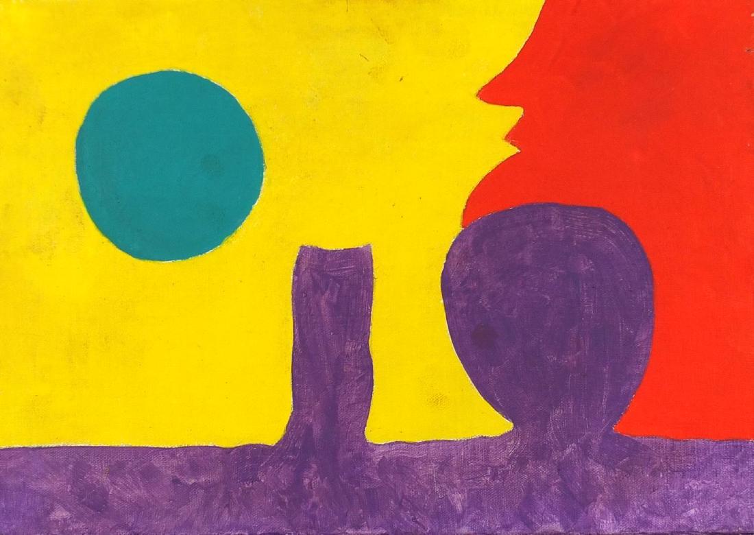 Abstract composition, surreal desert, oil on canvas,: Abstract composition, surreal desert, oil on canvas, bearing a partial Christie's label, inscription and signature Patrick Heron verso, framed, 37.5cm x 26cm