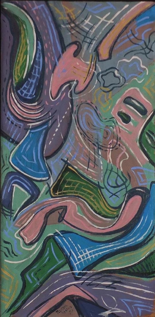 Abstract composition, oil on board, bearing a signature: Abstract composition, oil on board, bearing a signature Patrick Heron, framed, 54.5cm x 26.5cm