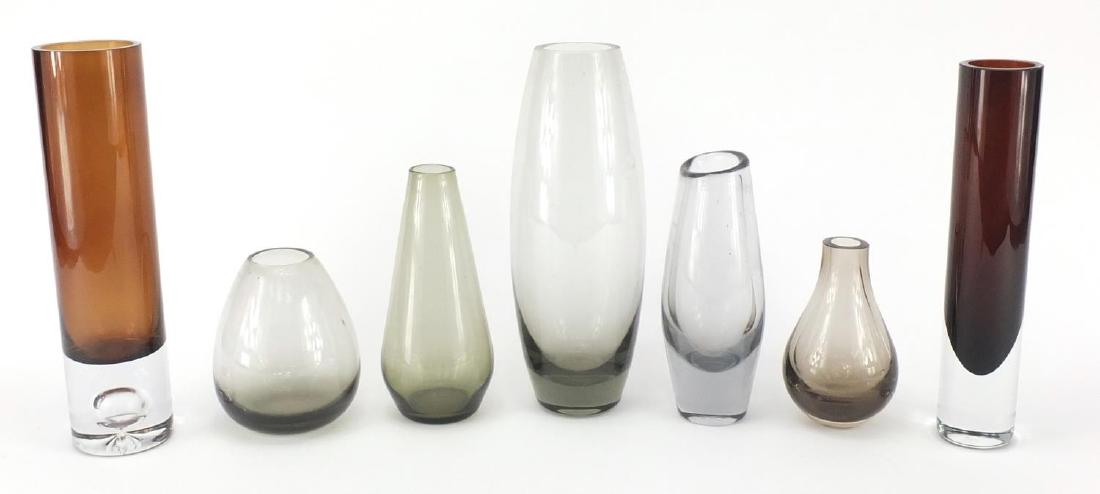 Seven art glass vases including Whitefriars, Holmegaard: Seven art glass vases including Whitefriars, Holmegaard and Orrefors, the largest 24cm high