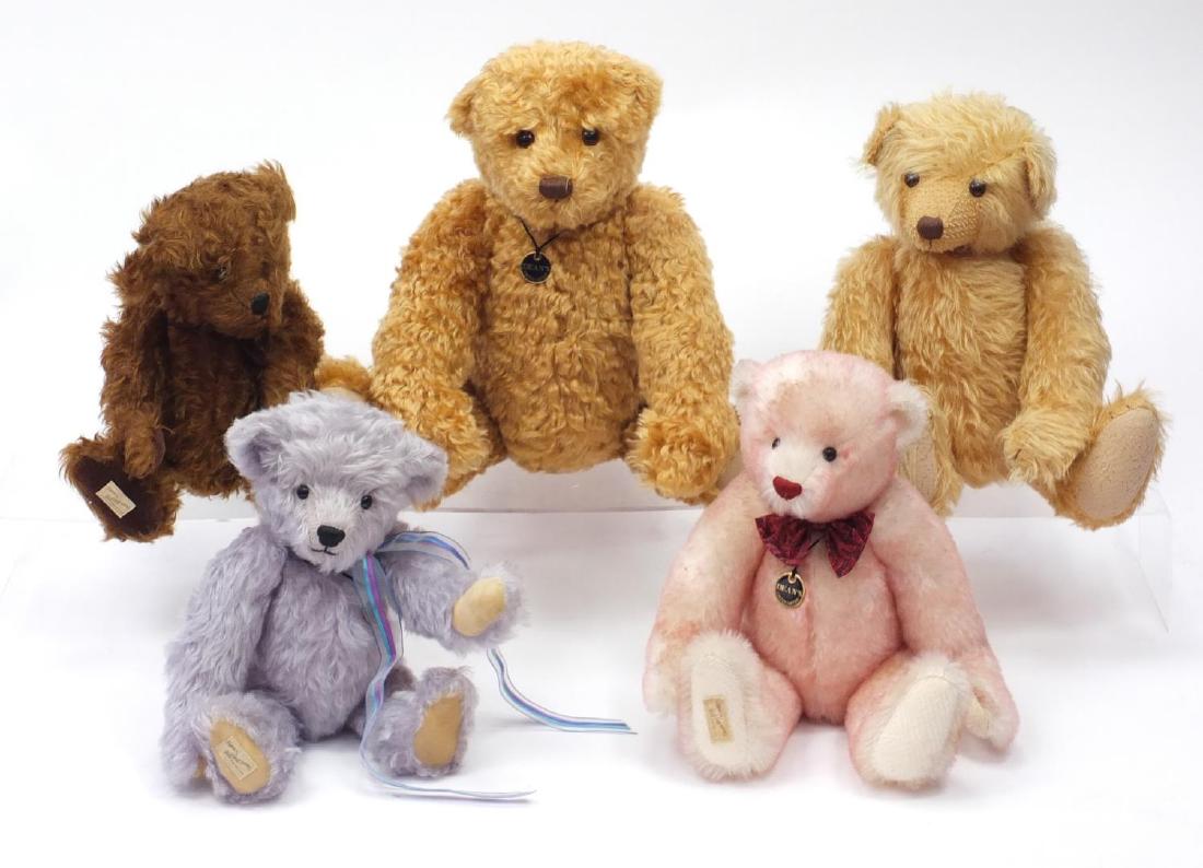 Five Deans Rag Book teddy bears with jointed limbs,: Five Deans Rag Book teddy bears with jointed limbs, Curly 19/200, Violetta 16/100, Artist Showcase designed by Frank Webster No. 491, Milk Shake 80/300 and one other, the largest 52cm high