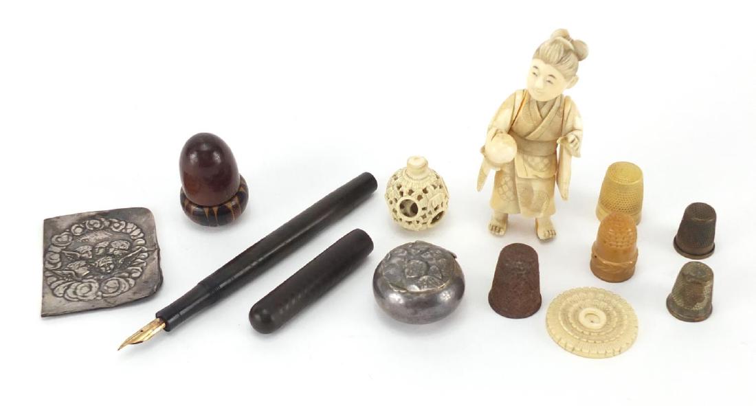Antique and later miscellaneous objects including: Antique and later miscellaneous objects including Tunbridge Ware acorn thimble holder, Japanese carved ivory okimono, Chinese Canton ivory puzzle ball, Swan safety screw cap fountain pen and silver sn