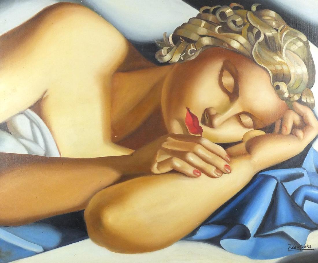 After Tamara De Lempicka - Portrait of an Art Deco: After Tamara De Lempicka - Portrait of an Art Deco female, oil on board, framed, 60cm x 49.5cm