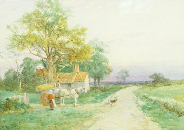 David Bates 'The Road beside the Moor' - Watercolo: David Bates 'The Road beside the Moor' - Watercolour of a rural landscape, signed in a titled gilt mount and framed, 24cm x 34cm