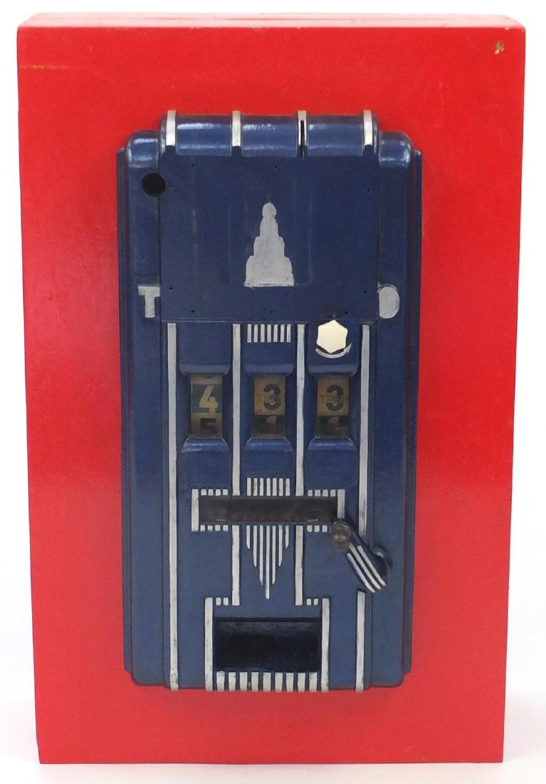 Vintage wooden cased slot machine, 71cm H x 45.5cm W x