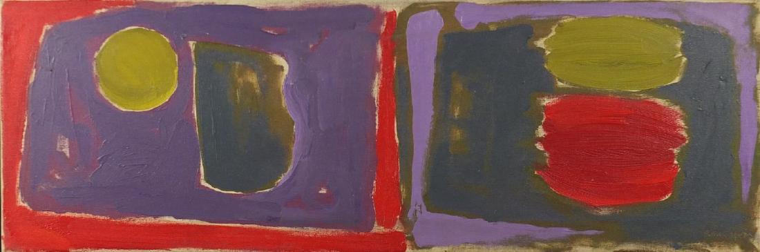 Abstract composition, coloured shapes, oil on canvas,: Abstract composition, coloured shapes, oil on canvas, bearing a signature Patrick Heron, framed, 91cm x 30.5cm
