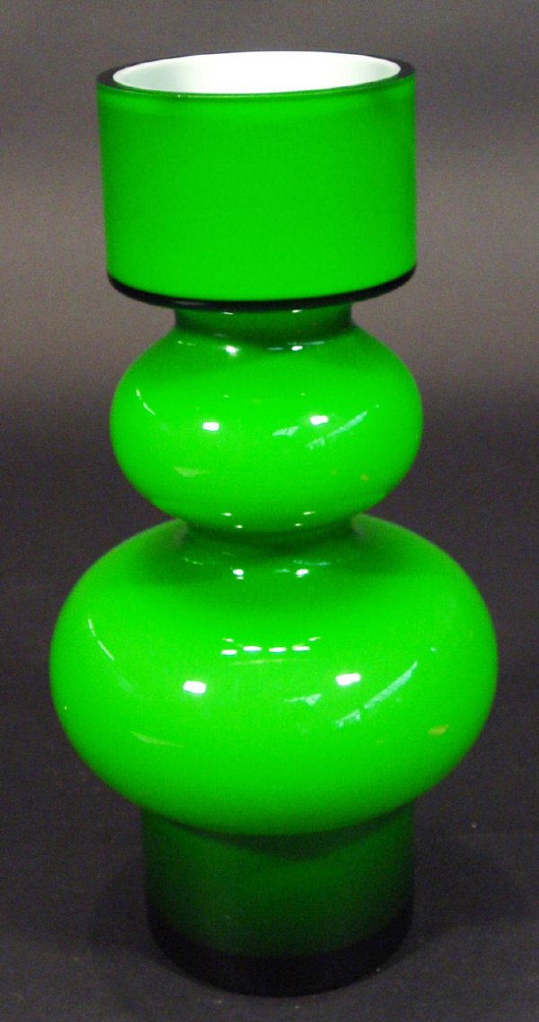 Holmegaard green and white cased bulbous glass vas: Holmegaard green and white cased bulbous glass vase, 33cm high