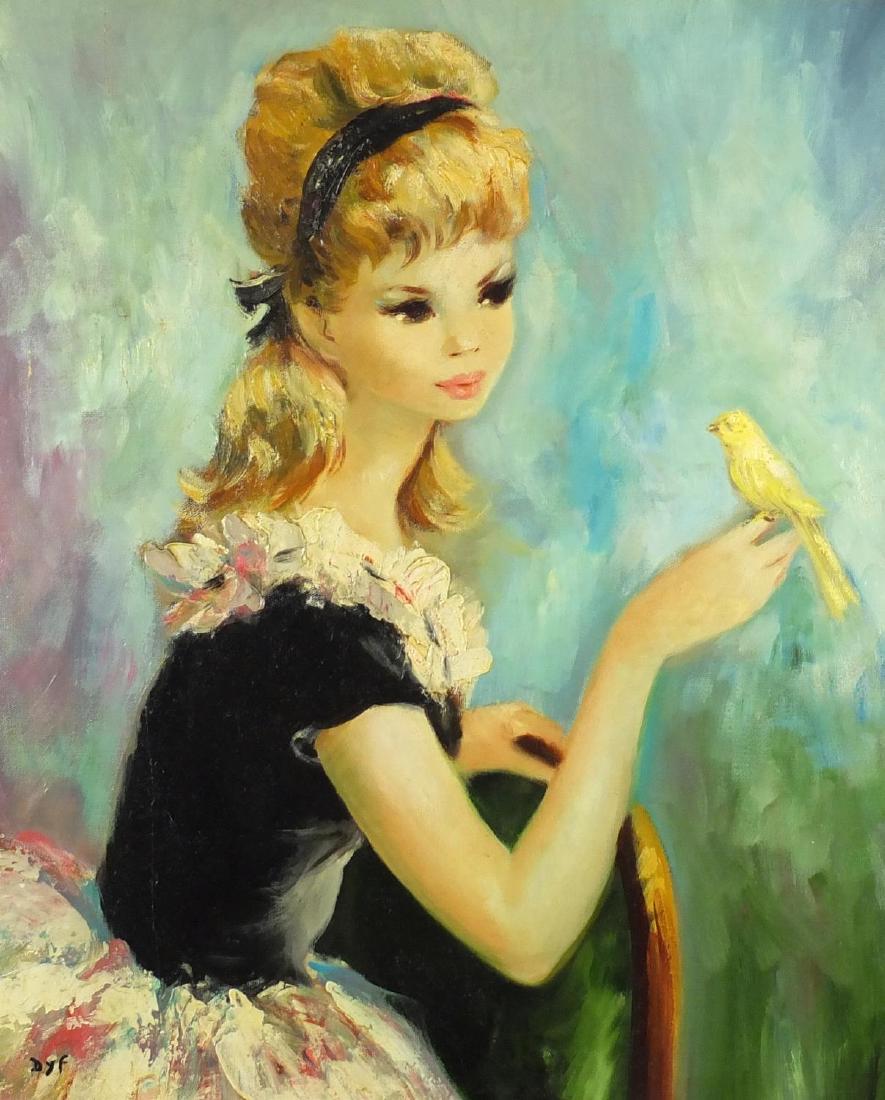 School of Marcel Dyf - Portrait of a young female: School of Marcel Dyf - Portrait of a young female holding a bird, oil on board, mounted and framed, 65cm x 53cm