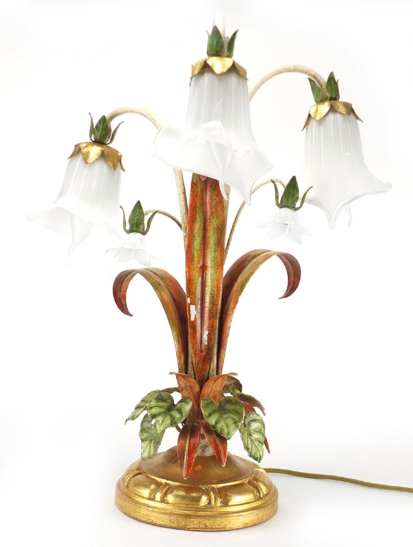 Hand painted naturalistic three branch table lamp, with: Hand painted naturalistic three branch table lamp, with frilled glass shades, 58cm high