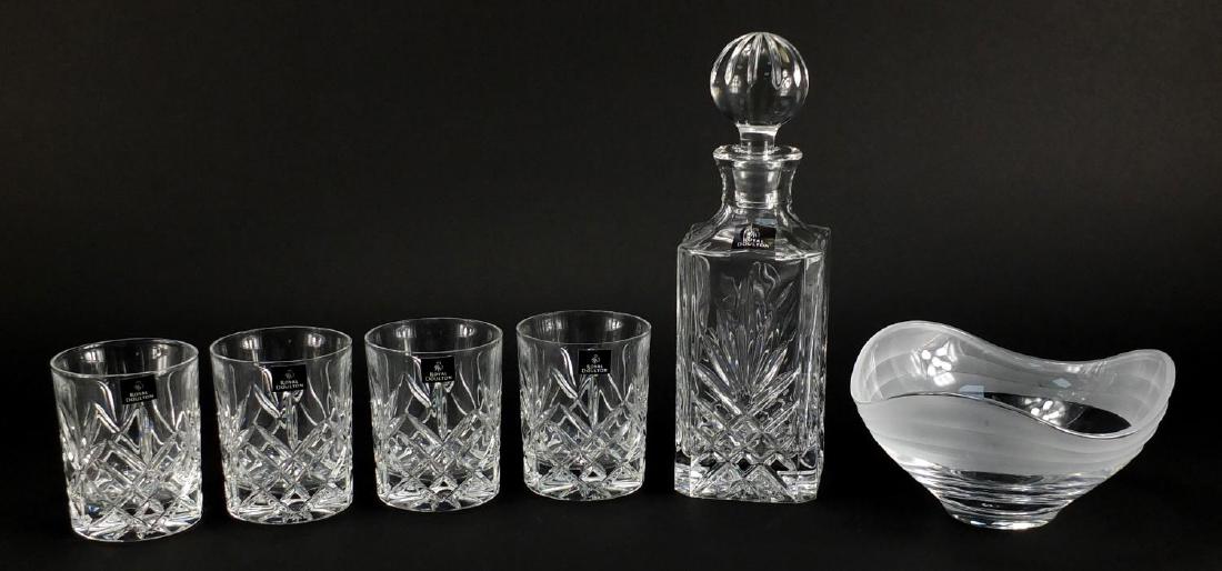 Royal Doulton crystal decanter and four tumblers, with: Royal Doulton crystal decanter and four tumblers, with box together with a part frosted Villeroy & Boch bowl, the largest 27.5cm high