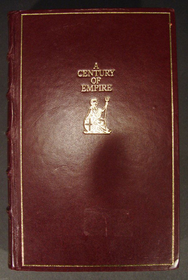 Leather cased set of gold plated replica postage: Leather cased set of gold plated replica postage stamps together with certificates and related leather bound book, 'A Century of Empire' by James Morris