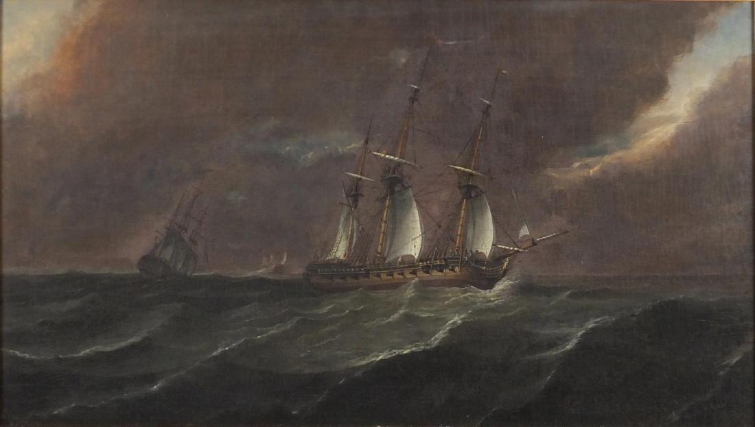 Attributed to Thomas Whitcombe - Rigged ships on stormy: Attributed to Thomas Whitcombe - Rigged ships on stormy seas, oil on wood panel, inscribed label verso, framed, 50.5cm x 25.5cm