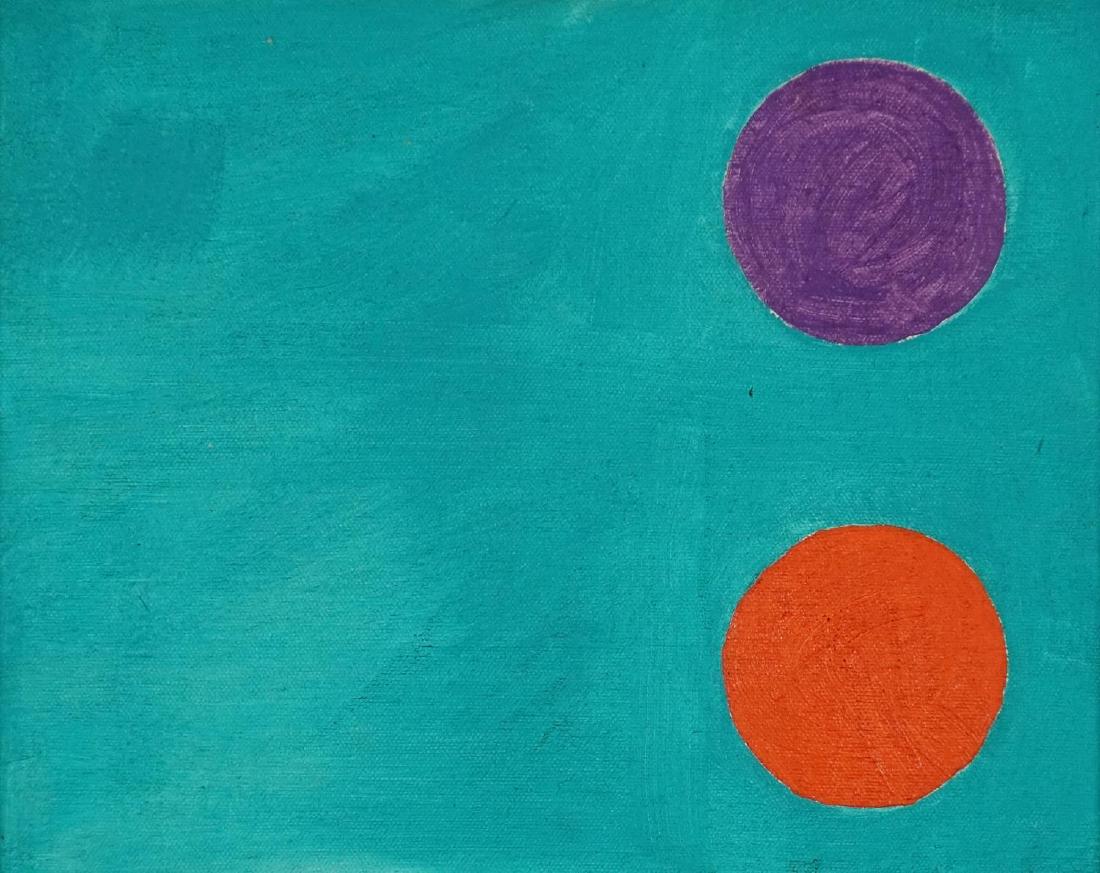 After Patrick Heron - Two discs on turquoise, oil on: After Patrick Heron - Two discs on turquoise, oil on masonite, inscribed verso, mounted and framed, 29cm x 22.5cm