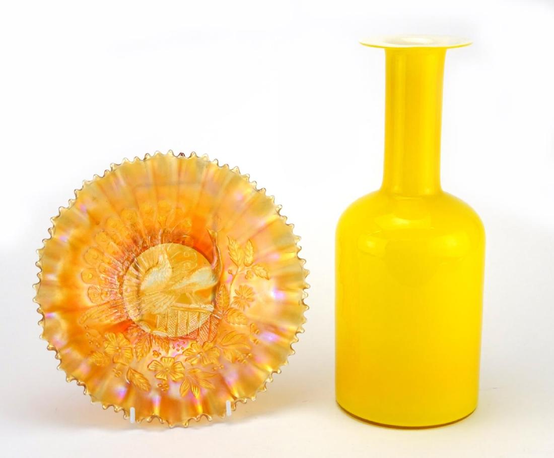 Holmegaard Gull vase and a carnival glass peacocks on: Holmegaard Gull vase and a carnival glass peacocks on the fence glass dish by Fenton, the largest 30.5cm high