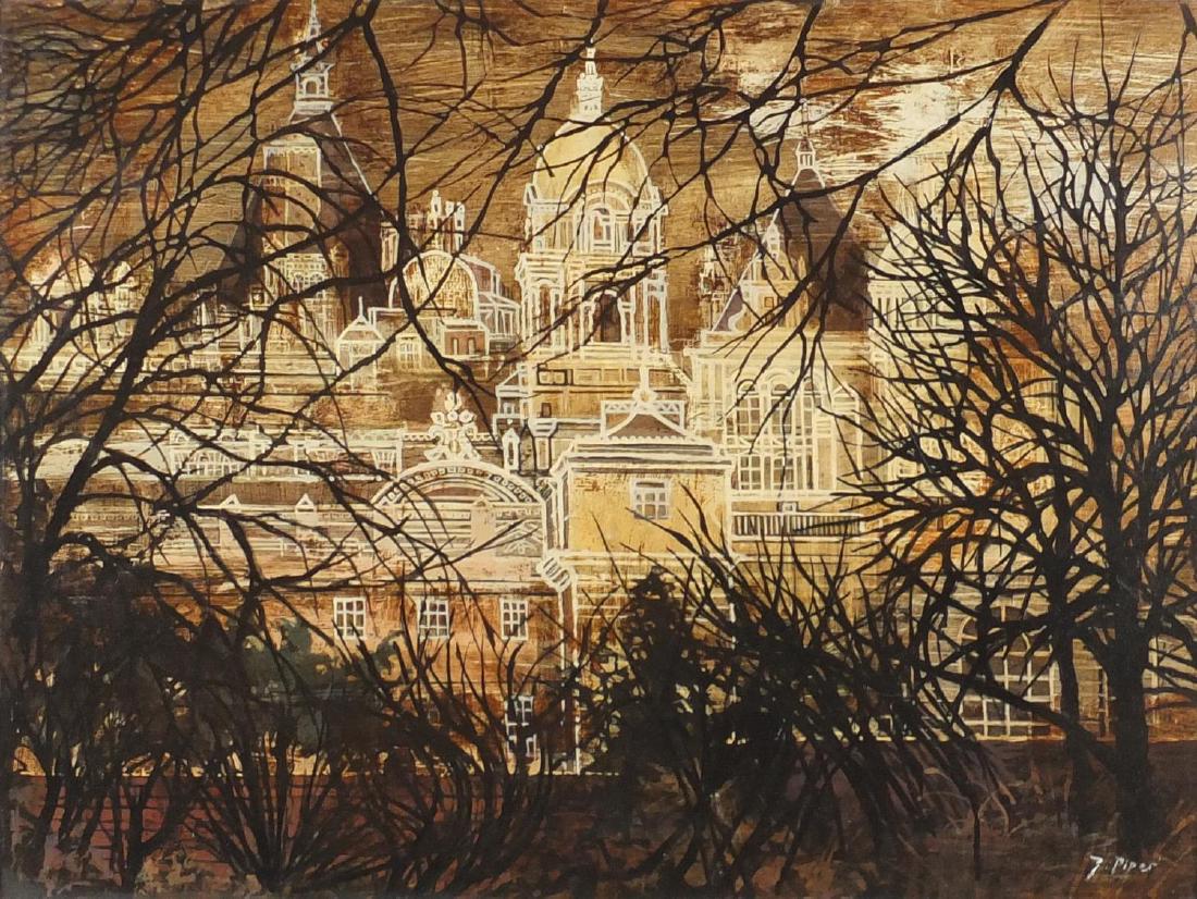 School of John Piper - City with cathedral, oil on: School of John Piper - City with cathedral, oil on board, mounted and framed, 75cm x 57cm