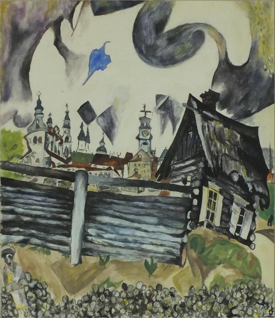 Manner of John Piper - Surreal town, watercolour and: Manner of John Piper - Surreal town, watercolour and gouache on card, label verso, framed, 23.5cm x 22cm