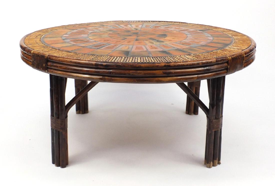 Roger Capron Vallauris tile topped bamboo table, 51.5cm: Roger Capron Vallauris tile topped bamboo table, 51.5cm high x 110cm in diameter