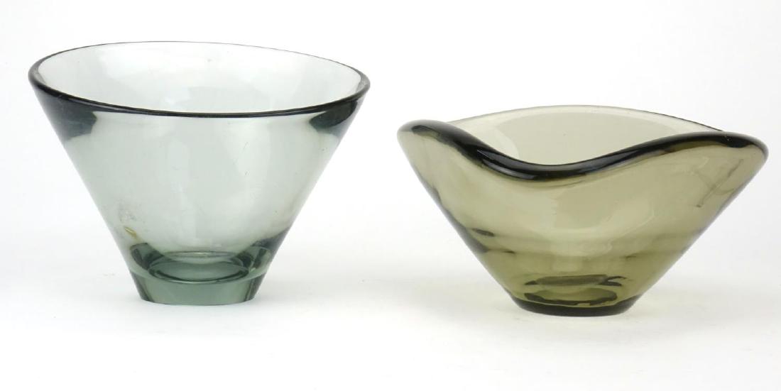 Two art glass bowls including a Danish example with: Two art glass bowls including a Danish example with tapering body by Holmegaard, etched marks to the base, the largest 12cm high