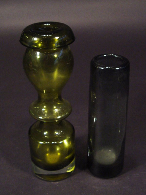 Green Riihimaki segmented glass vase, together wit: Green Riihimaki segmented glass vase, together with a Holmegaard cylindrical smoked glass vase with engraved factory marks to the base, the largest 22cm high