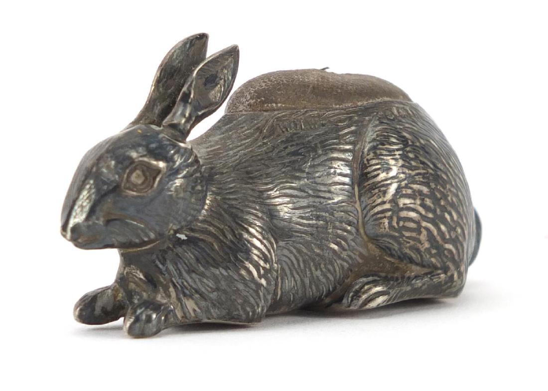 Novelty Edwardian silver pin cushion in the form of a: Novelty Edwardian silver pin cushion in the form of a hare by William Harrison Walter, Birmingham 1907, 5.5cm in length, approximate weight 28.0g