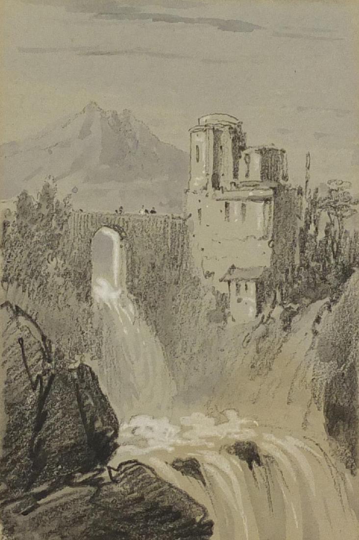 Edward Lear - Castle by a waterfall with a mountain: Edward Lear - Castle by a waterfall with a mountain beyond, heightened watercolour and black chalk, mounted unframed, 11.5cm x 7.5cm (PROVENANCE: Christie's 6/12/2008 lot 181)