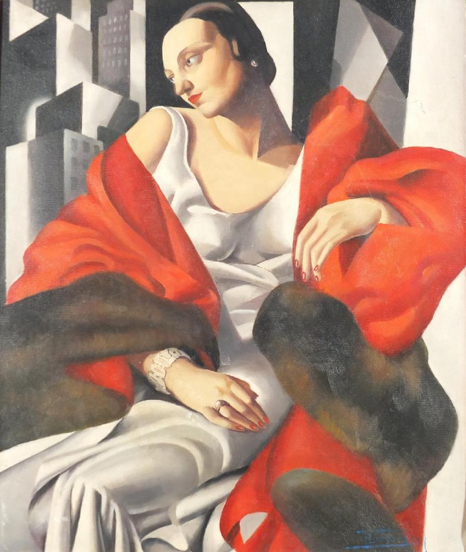 After Tamara de Lempicka - Portrait of an Art Deco: After Tamara de Lempicka - Portrait of an Art Deco female, oil on board, framed, 59cm x 49.5cm