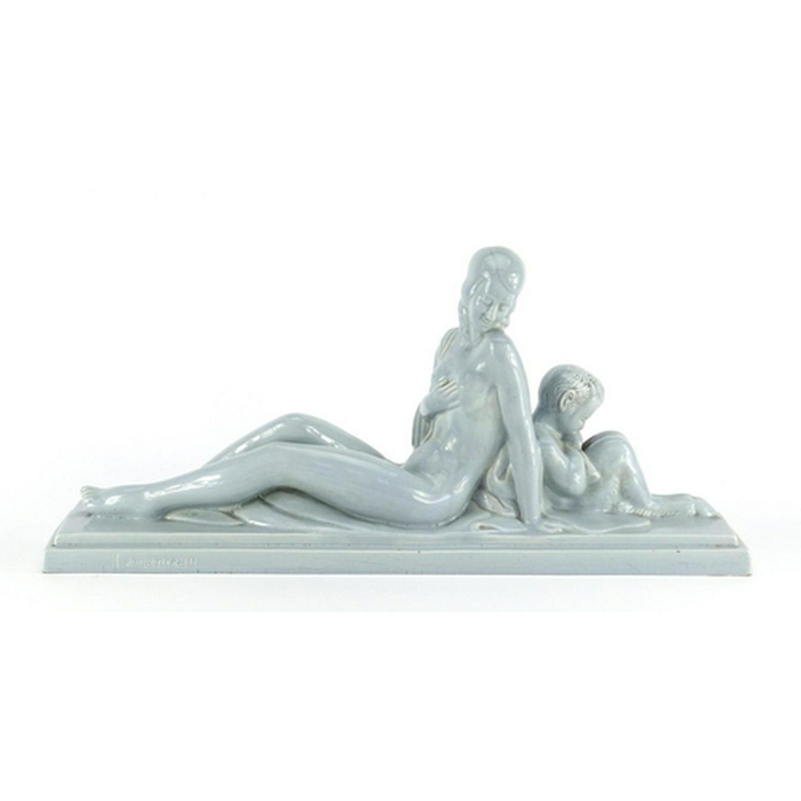 Charles Lemanceau- Art Deco crackle glazed pottery: Charles Lemanceau- Art Deco crackle glazed pottery figure group of a nude female and fawn, 55cm high