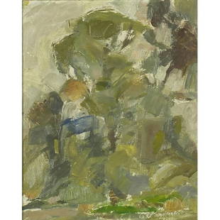 Robert Medley 1963 - Tree study, oil on board,: Robert Medley 1963 - Tree study, oil on board, inscriptions and print out 'Collection H J Belsey No28' verso, framed, 25.5cm x 20.5cm