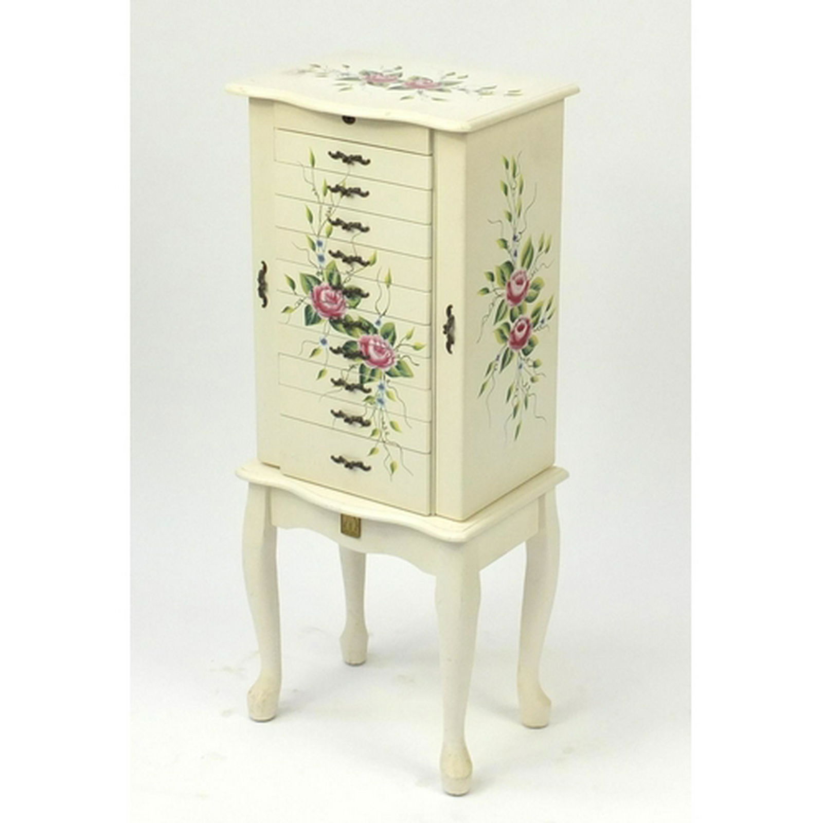 Hand painted floor standing jewellery chest with: Hand painted floor standing jewellery chest with mirrored interior, ten drawers and two doors, 98cm H x 40.5cm W x 30cm D