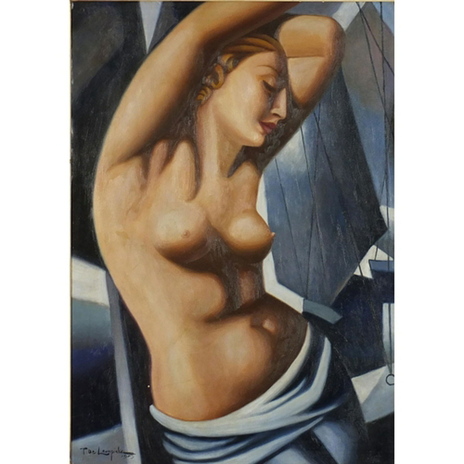 After Tamara de Lempicka - Portrait of a semi nude Art: After Tamara de Lempicka - Portrait of a semi nude Art Deco female, oil on board, framed, 60cm x 42cm