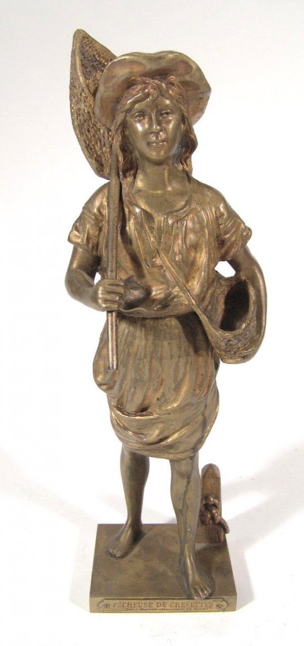 J. Garnier - French bronze figure entitled Pêcheus: J. Garnier - French bronze figure entitled Pêcheuse de Crevettes, with plaque to the base, 31cm high