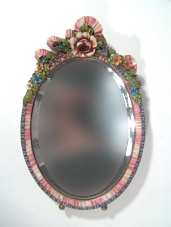 Carved wooden oval barbola style mirror, with han