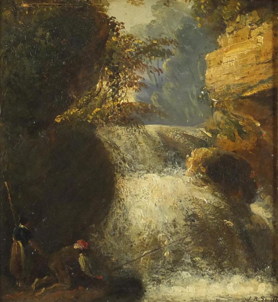 John Raphael Smith - Two figures fishing beside a: John Raphael Smith - Two figures fishing beside a waterfall, 19th century oil on board, framed, 19cm x 17cm