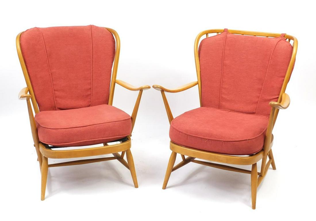Pair of Ercol light elm easy chairs, 82cm high: Pair of Ercol light elm easy chairs, 82cm high
