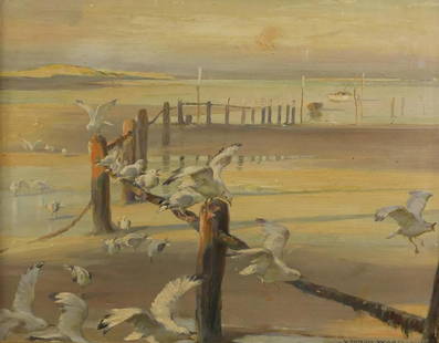 Vernon Ward 1933 - Beach scene with seagulls and moored: Vernon Ward 1933 - Beach scene with seagulls and moored boats, oil on board, label verso, framed, 35cm x 27.5cm