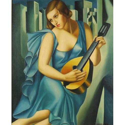 Manner of Tamara de Lempicka - Art Deco female playing: Manner of Tamara de Lempicka - Art Deco female playing an instrument before buildings, oil on canvas laid on board, framed 59cm x 48cm