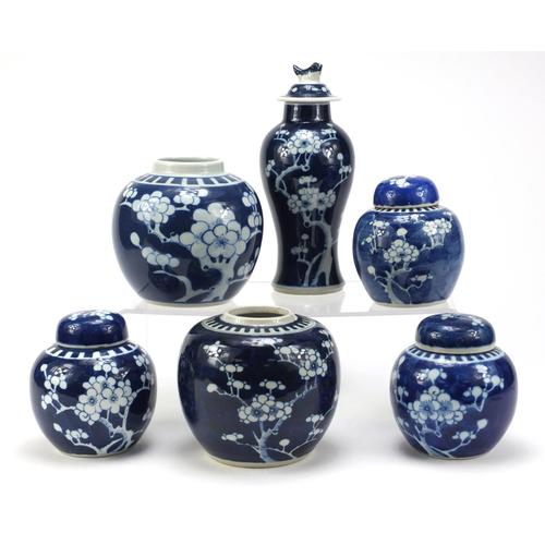 Chinese blue and white porcelain hand painted with: Chinese blue and white porcelain hand painted with prunus flowers, comprising a baluster vase with cover and five ginger jars, three with covers, the largest 22cm high