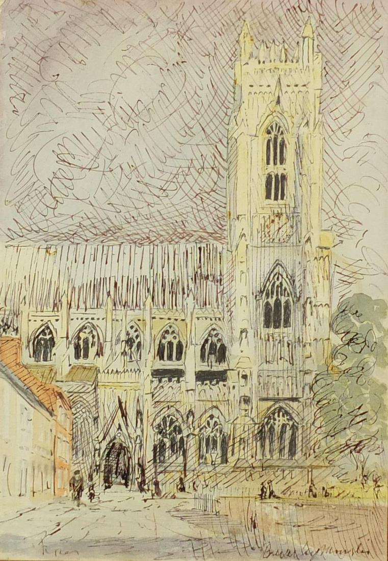 Manner of John Piper - Beverly Minster, Yorkshire, ink: Manner of John Piper - Beverly Minster, Yorkshire, ink and watercolour on paper, details verso, framed, 25cm x 28cm
