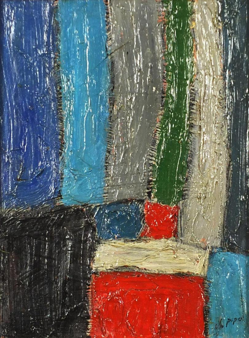 Manner of John Piper - Abstract composition of: Manner of John Piper - Abstract composition of geometric shapes, oil on canvas, framed, 39cm x 30cm