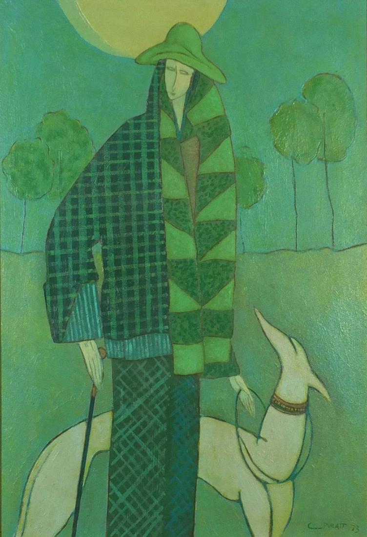 Manner of Christopher Pratt - Winter walk, oil on: Manner of Christopher Pratt - Winter walk, oil on board, inscribed verso, framed, 91cm x 62cm