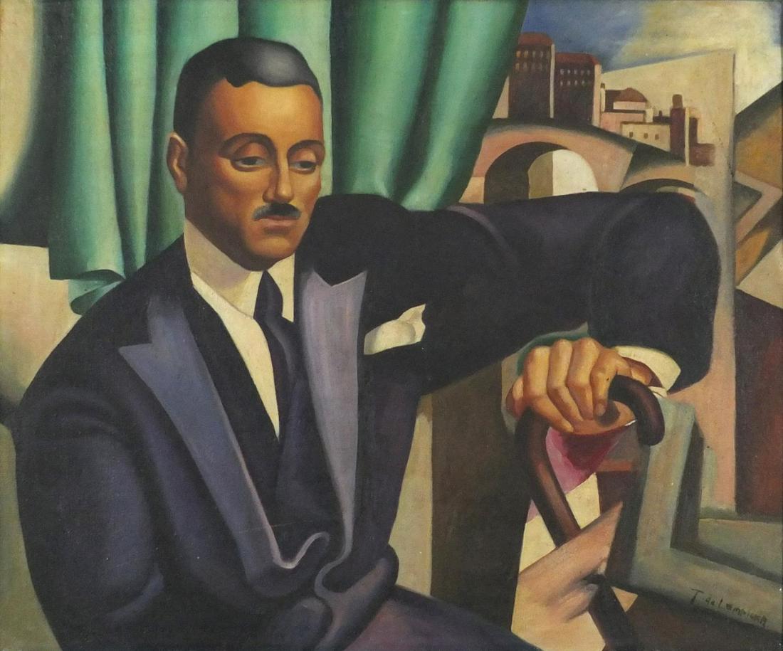 Manner of Tamara de Lempicka - Gentleman with a stick,: Manner of Tamara de Lempicka - Gentleman with a stick, Art Deco school oil on board, framed, 59cm x 49.5cm
