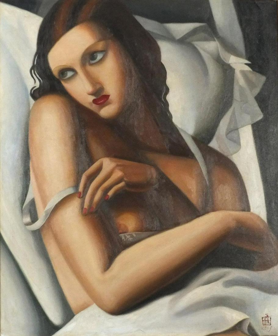 Manner of Tamara de Lempicka - Scantily dressed female,: Manner of Tamara de Lempicka - Scantily dressed female, Art Deco school oil on board, framed, 59.5cm x 49cm