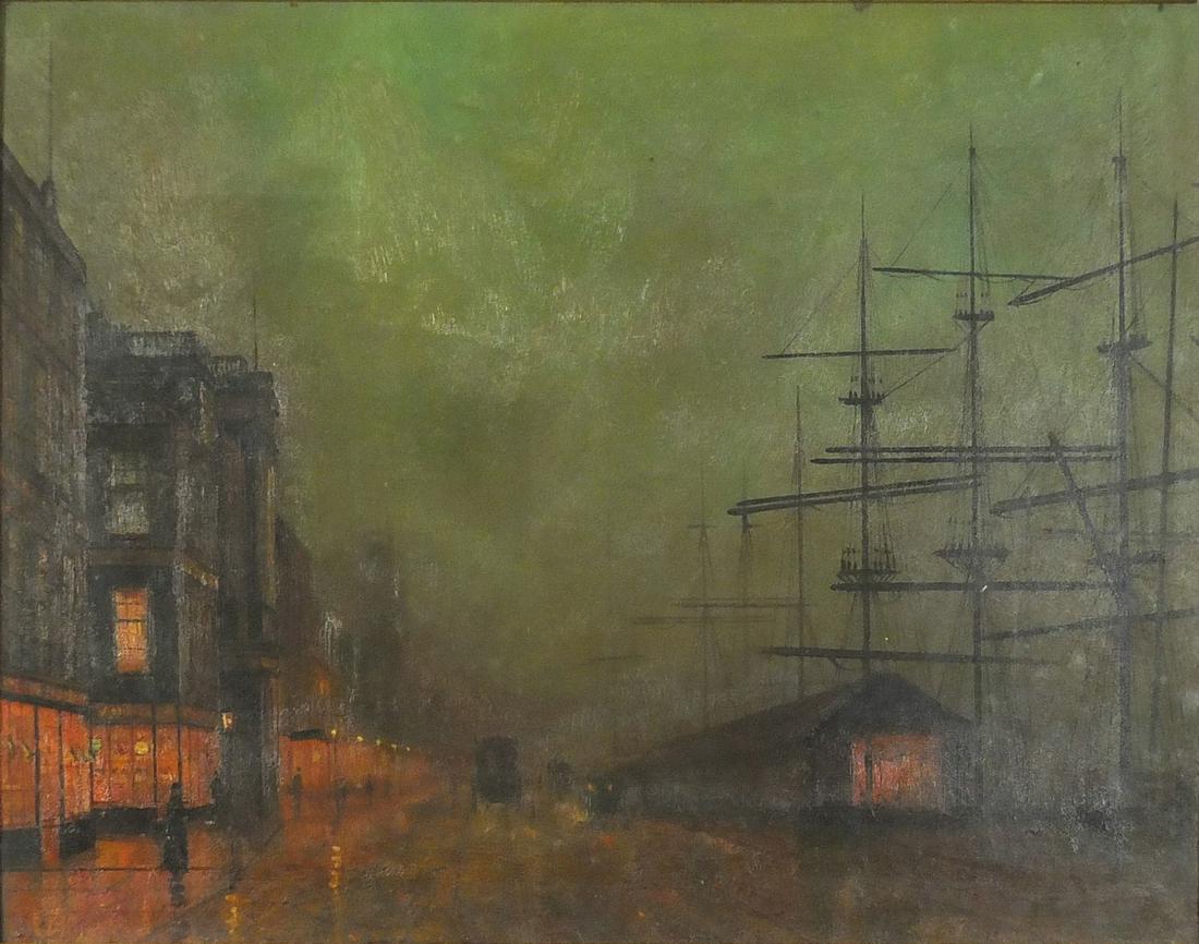 After John Atkinson Grimshaw - Liverpool docks, oil on: After John Atkinson Grimshaw - Liverpool docks, oil on board, framed and glazed, 38cm x 49cm