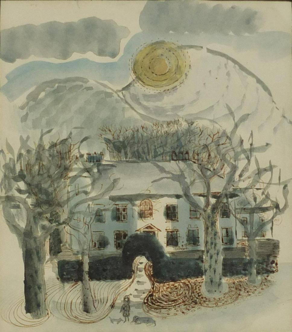 Manner of John Piper - Female before a house, surreal: Manner of John Piper - Female before a house, surreal watercolour, inscribed verso, mounted and glazed, 19cm x 16.5cm